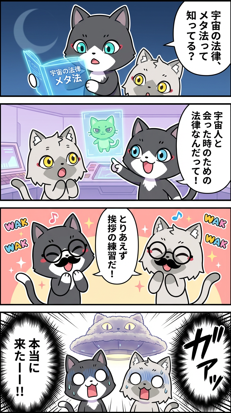 トワ&セツナの 4 コマ漫画 宇宙マネジメント講座 修了回