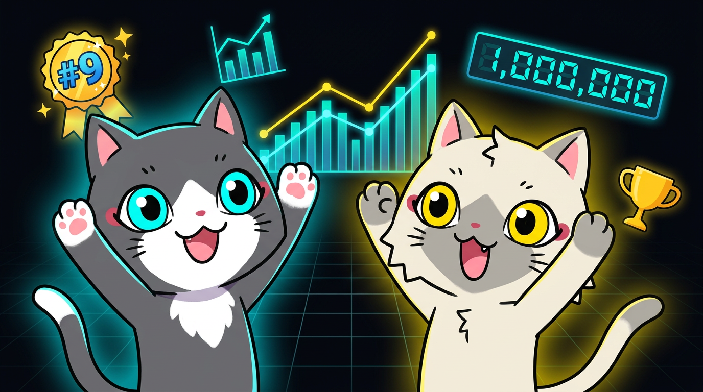 番組マスコットのトワ&セツナが実績（配信回数・ランキング）を喜んでいるイラスト