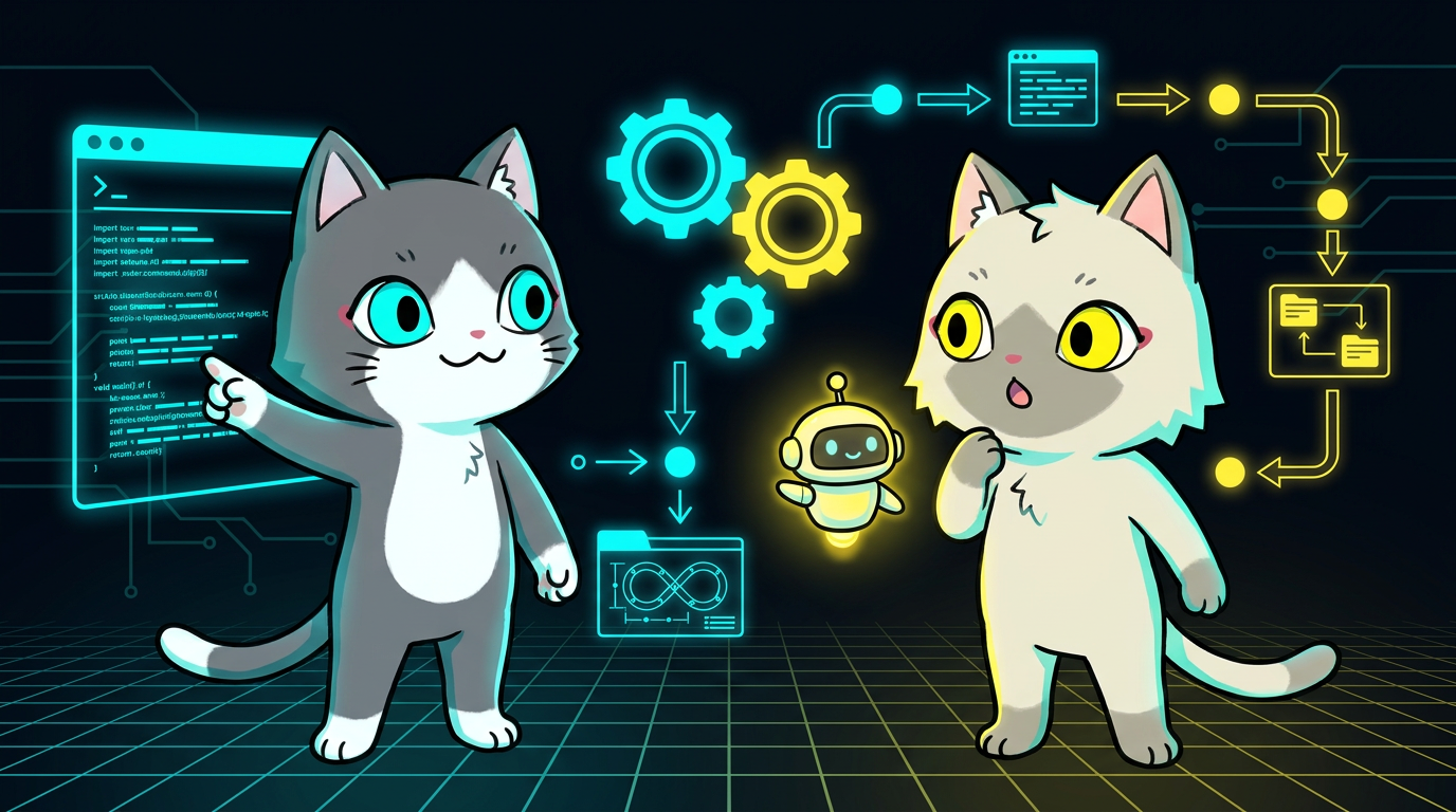 番組マスコットのトワ&セツナが自作ツール（CLI・自動化）を作っているイラスト